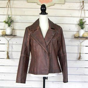 Bagatelle Asymetrical Zip Front Brown Distressed Faux Leather Moto Jacket Large
